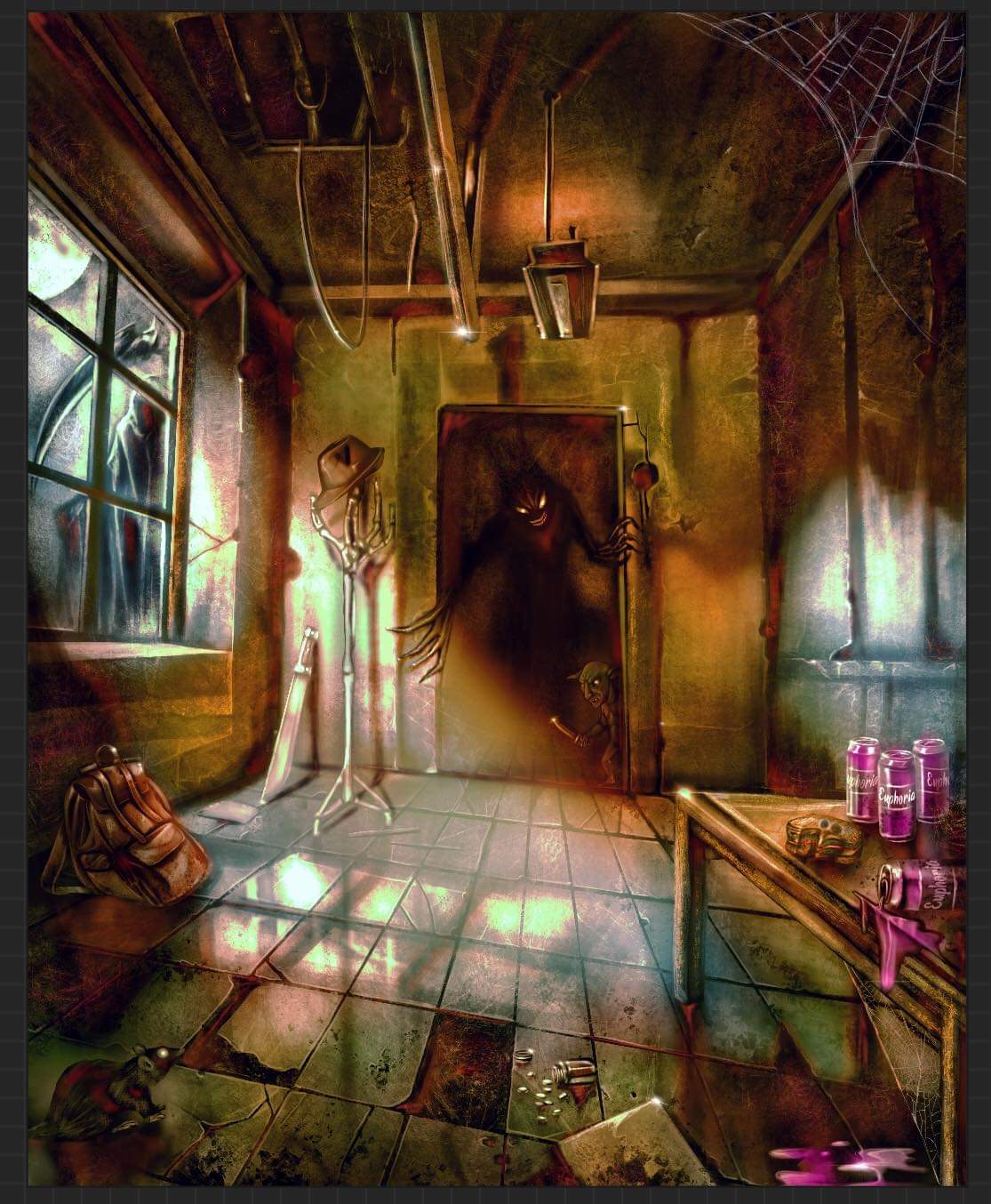 The same decaying room in warmer light
