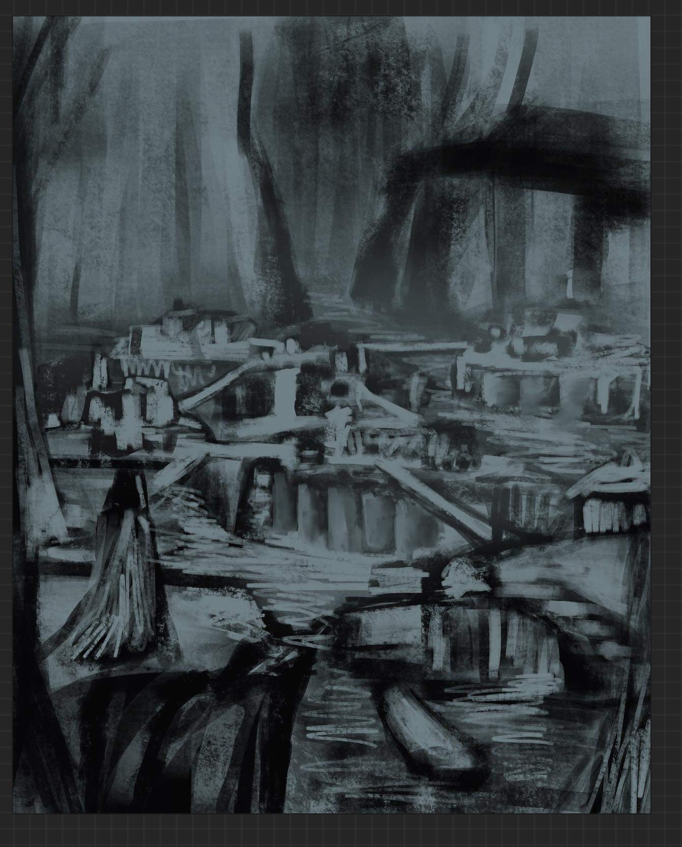 Early sketch for The Land of Eternal Rain: a ruined village in the swamp