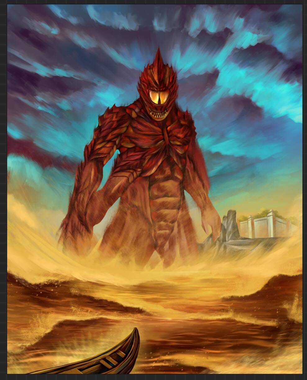 Early version of the sand giant scene with a boat on the dunes