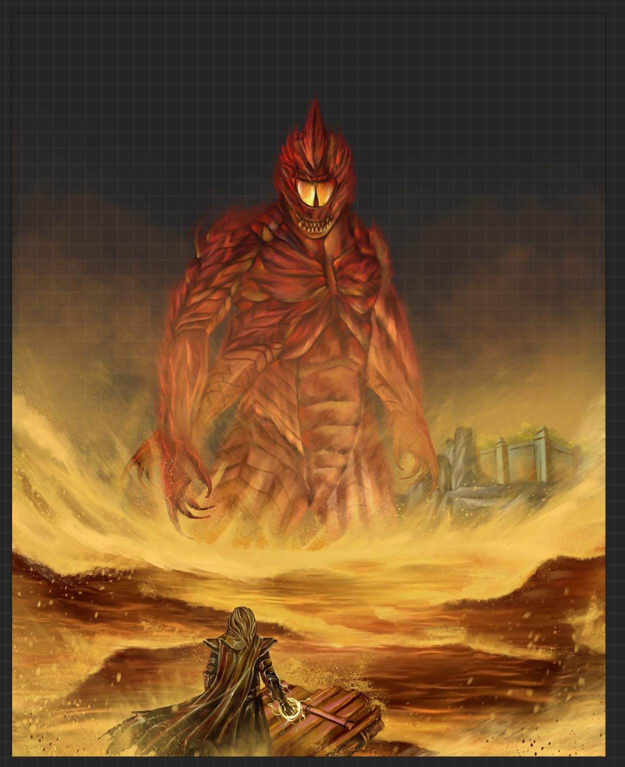 The sand giant glowing in dusky haze, Ocean of Sand art