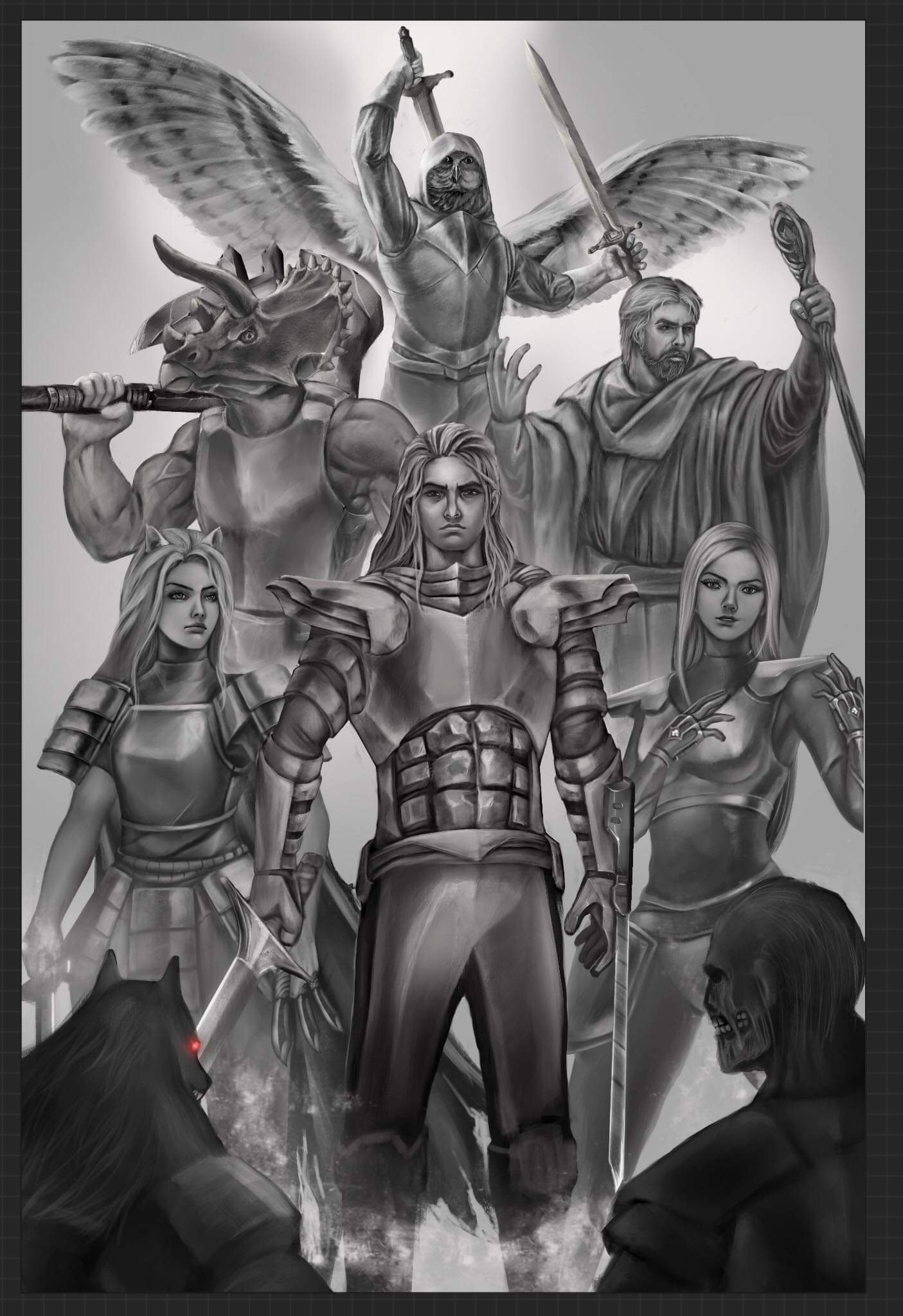 The heroes of The Tales of Ryan Foster, grayscale study