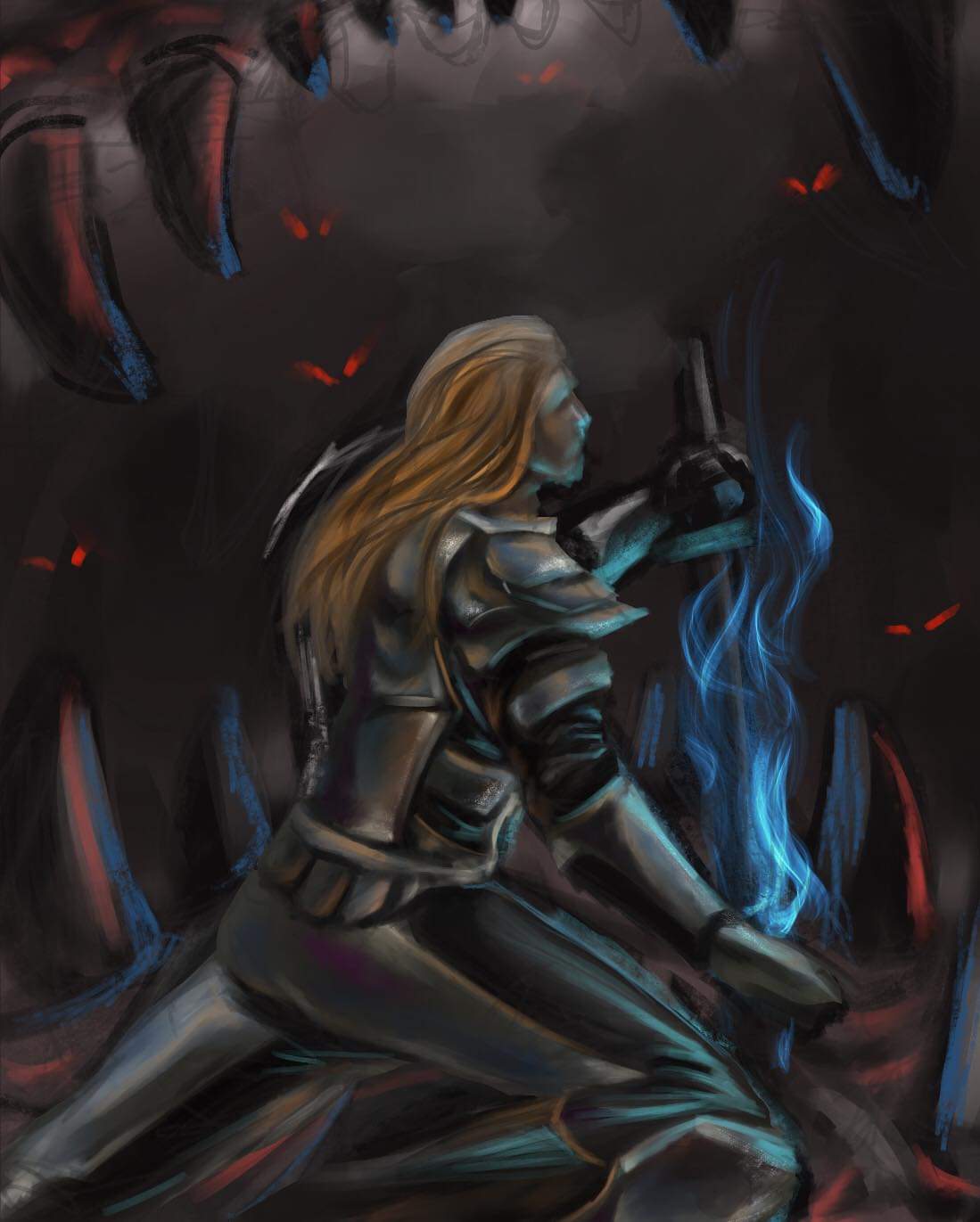 A knight with a blue-flamed sword, painted study