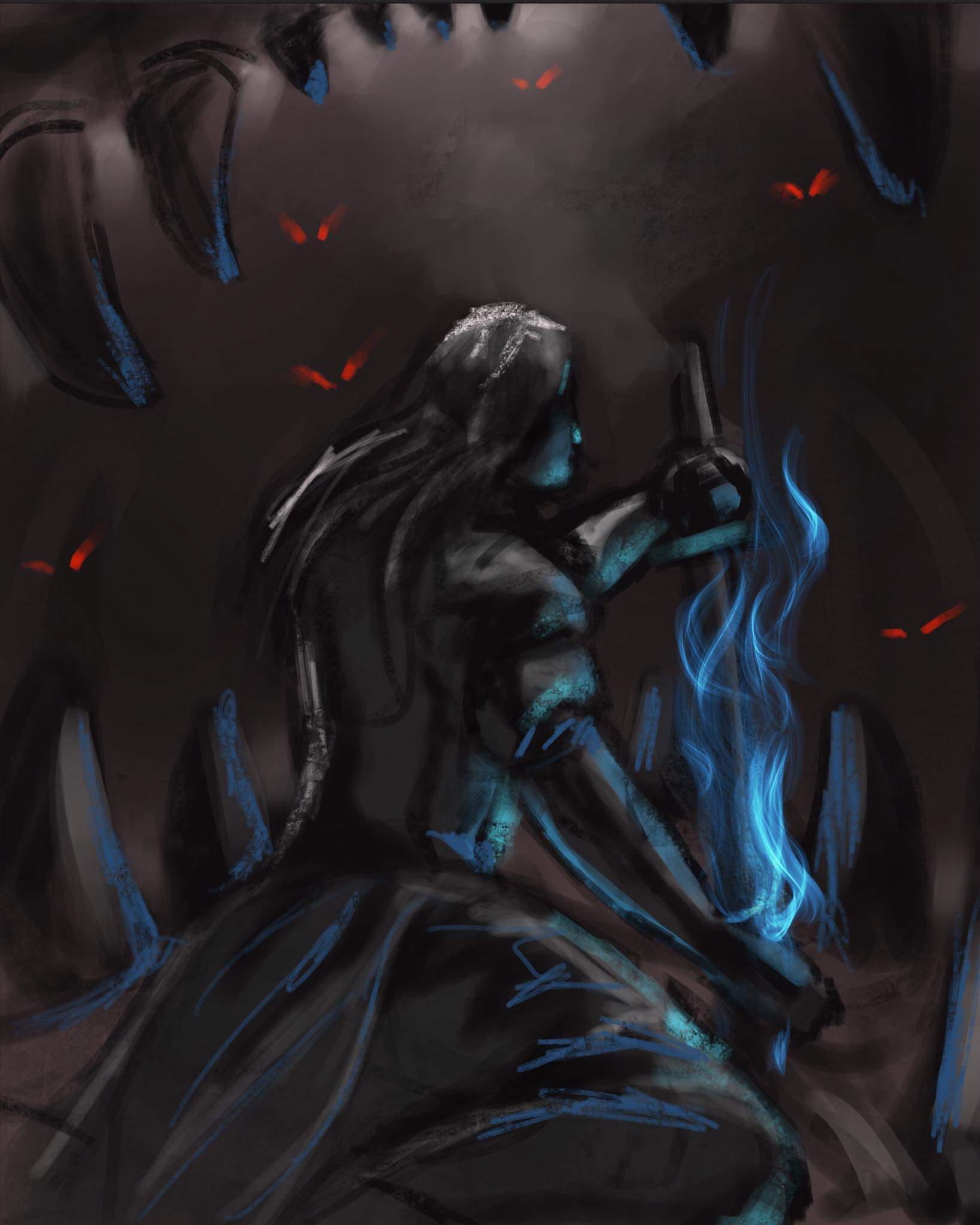First sketch of the knight with the blue-flamed sword