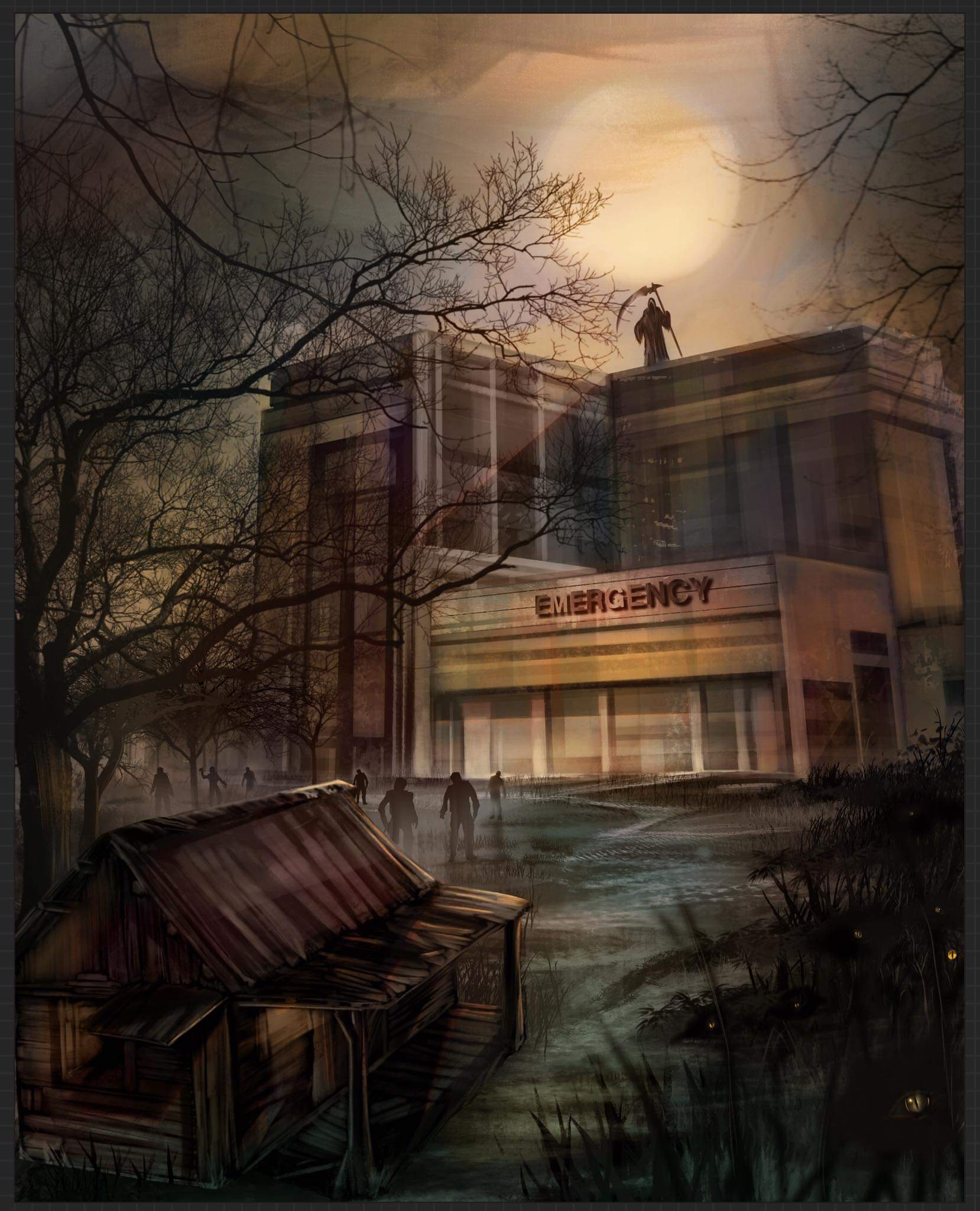 Twisting Further into Darkness cover art without title: a hospital under a full moon