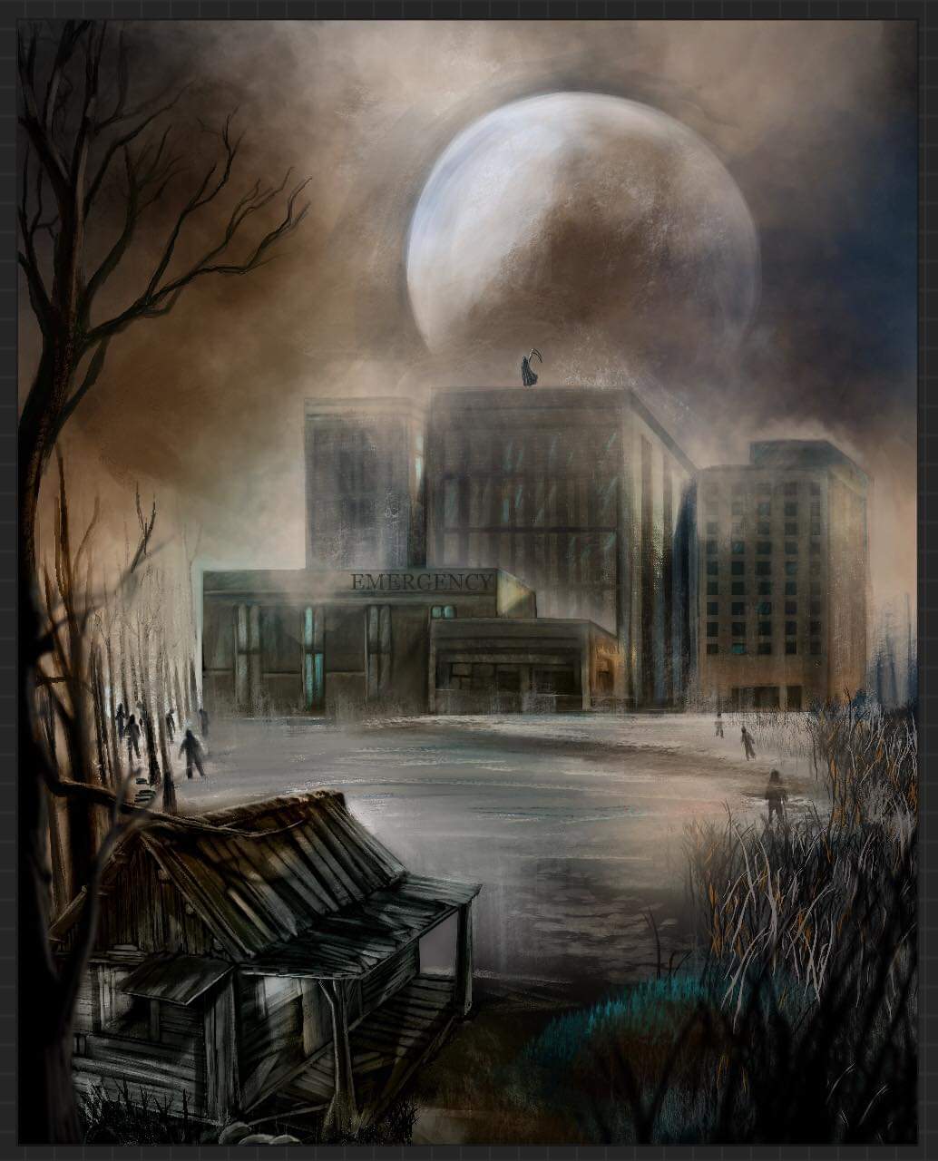 Early painted study of the Twisting Further into Darkness hospital scene