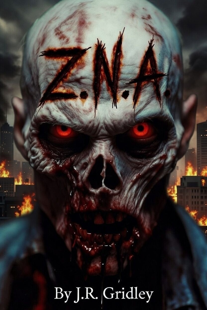 Z.N.A. cover concept: a bloodied zombie before a burning skyline