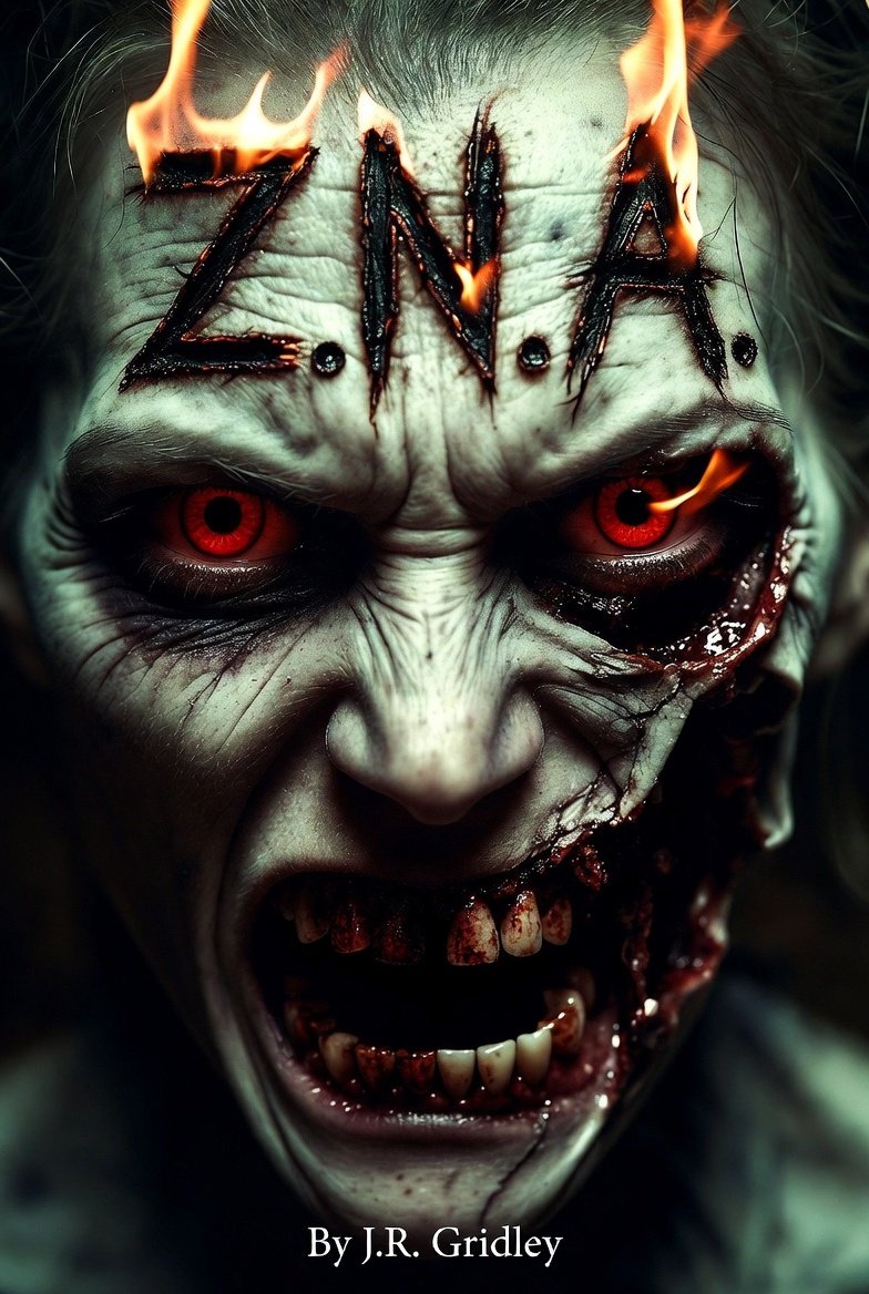 Z.N.A. cover concept: a snarling zombie with burning title